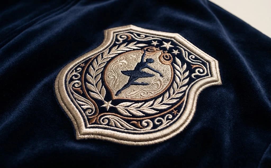 Embroidered dance crest on rich performance velvet warm-up fabric with uncrushed pile texture