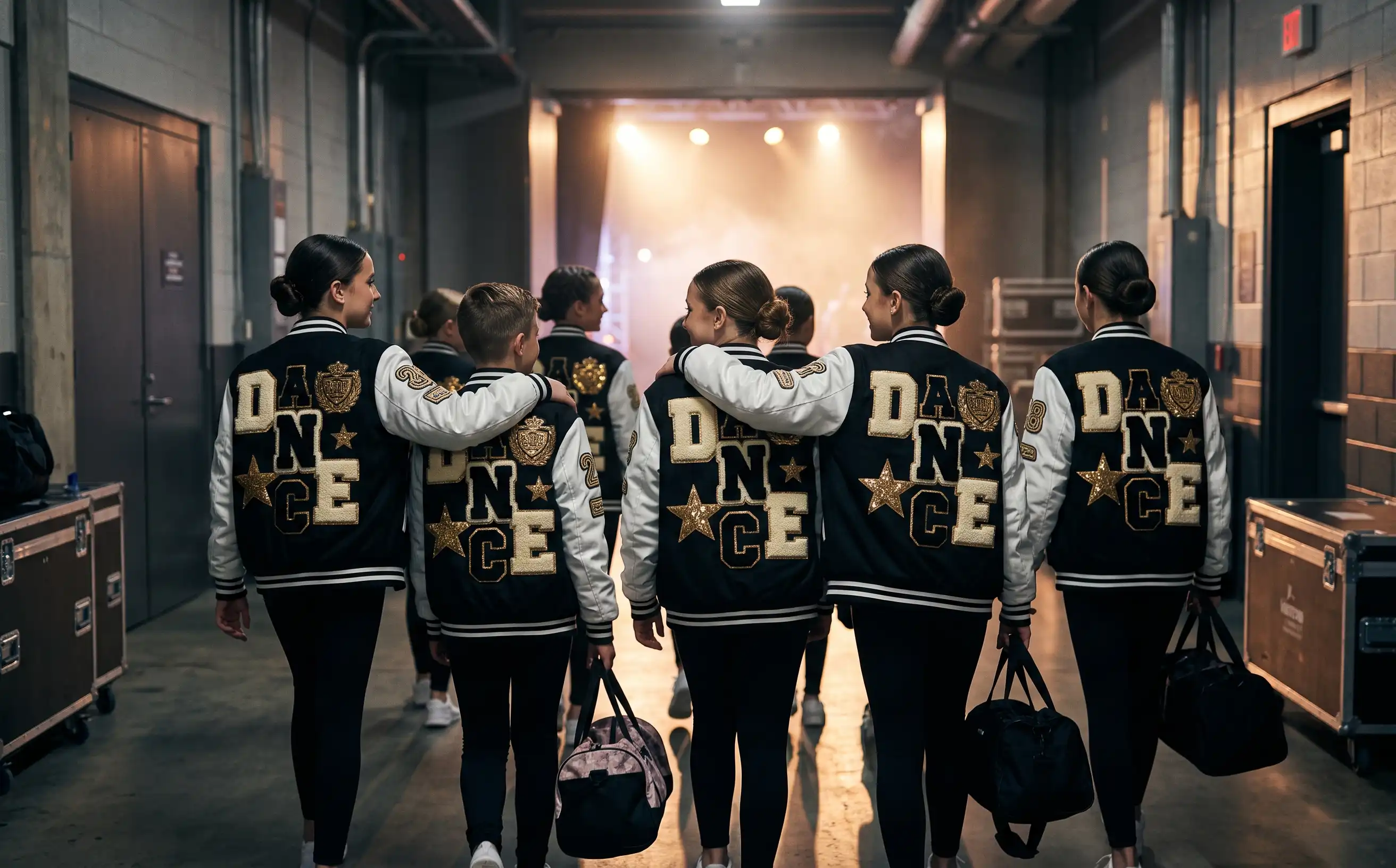 Competitive dance squad walking backstage wearing matching team varsity jackets with custom 3D chenille patches