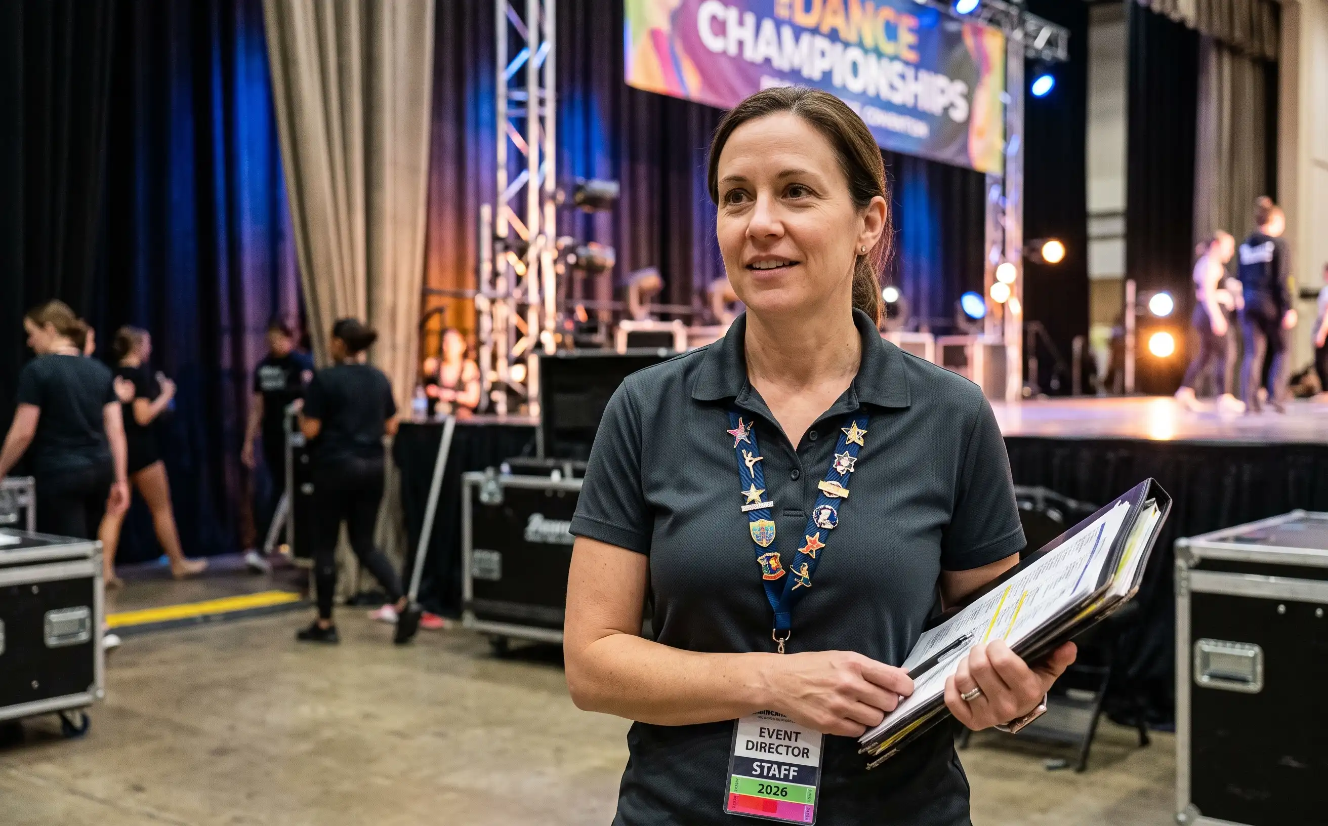 Dance competition event organizer backstage wearing an official event lanyard decorated with custom enamel trading pins