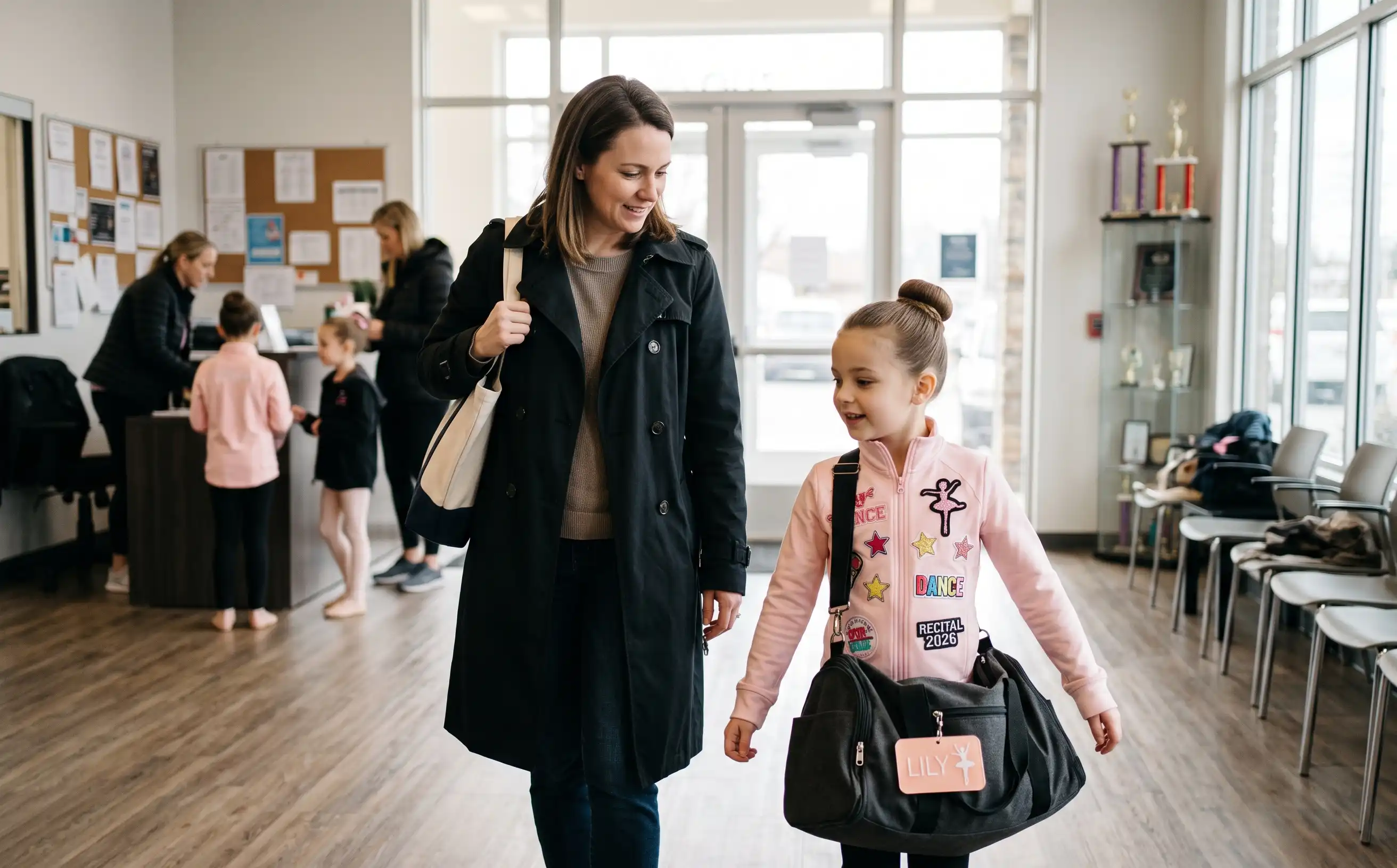 Mother and young dancer in dance studio lobby with a custom acrylic bag tag on a duffle bag and recital patches