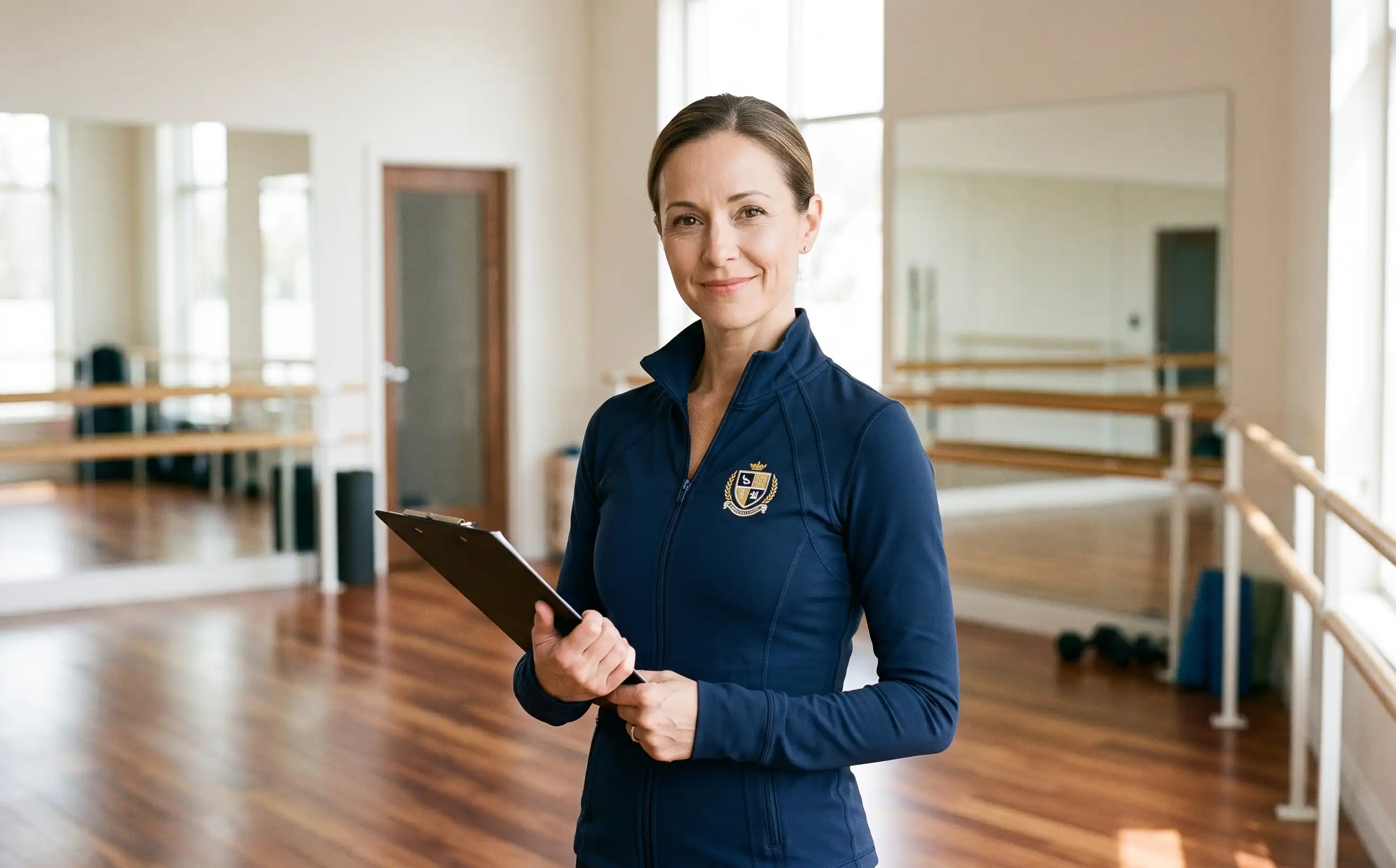 Dance studio director in an academy studio wearing a custom embroidered uniform crest jacket