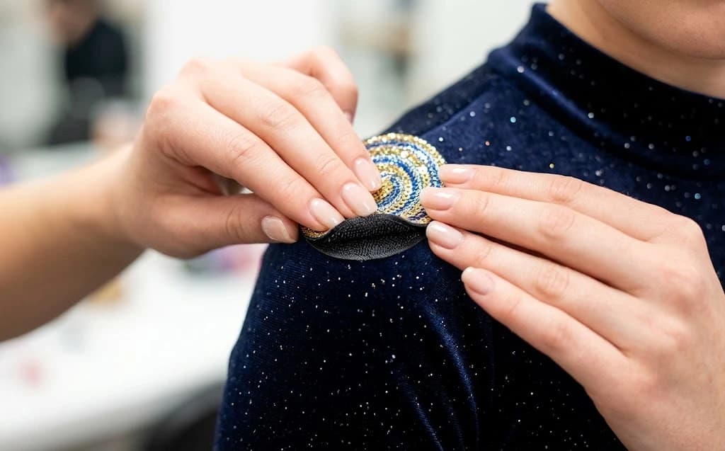 Quick-swap micro-velcro backing on a dance costume patch being positioned for rapid routine changes