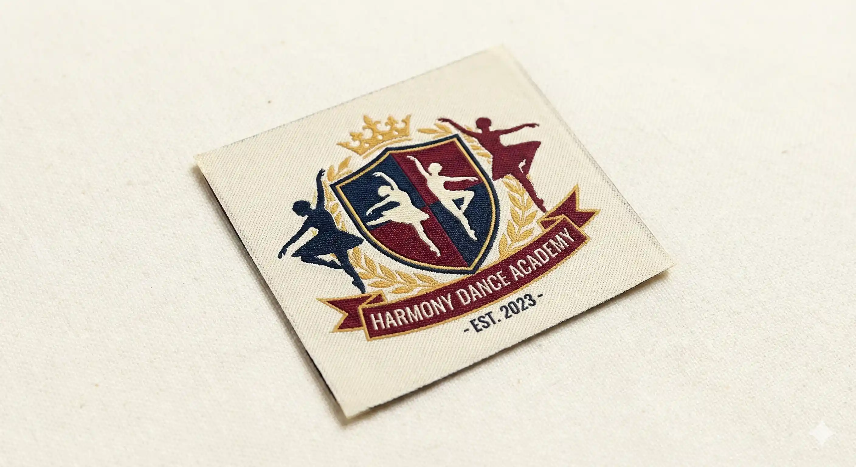 Custom woven dance patch for fine logo detail on studio uniforms