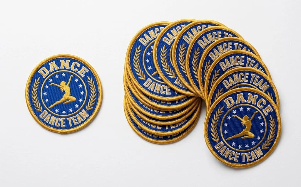 Single custom dance patch prototype alongside an organized stack of matching team patches
