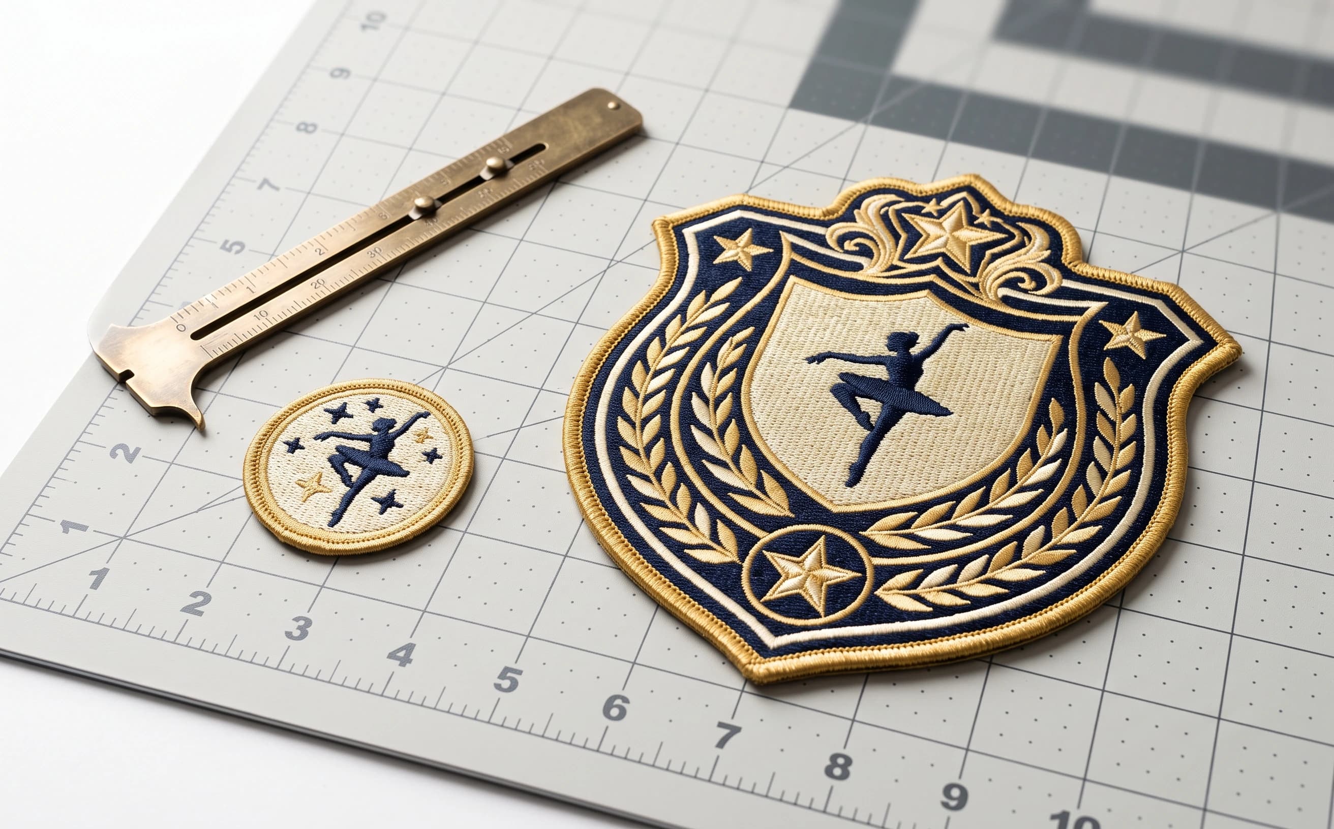 Size comparison between a 2-inch sleeve emblem and an 8-inch jacket crest on a studio measurement table